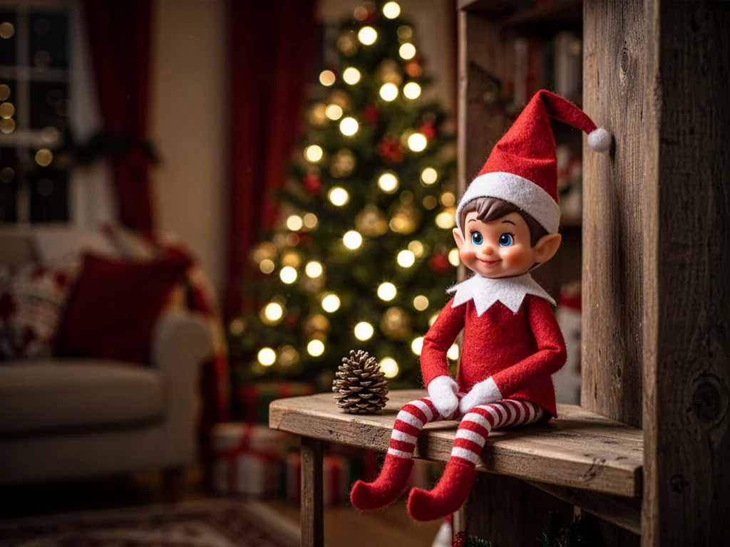 Figlarny elf na półce w przytulnym salonie, wprowadzający świąteczną atmosferę w blasku lampek choinkowych.