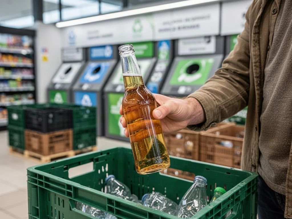 Osoba wkładająca szklaną butelkę po piwie do automatu w supermarkecie, co ilustruje proces zwrotu opakowań.