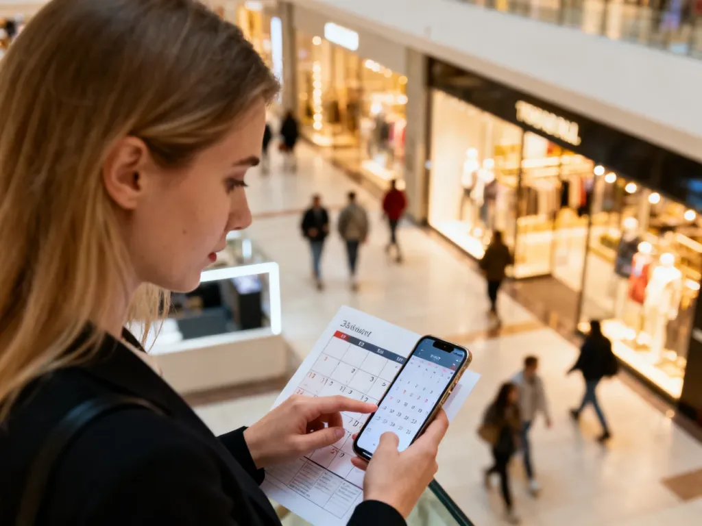 Kobieta w galerii handlowej sprawdza kalendarz w telefonie, by zweryfikować dostępność sklepów.