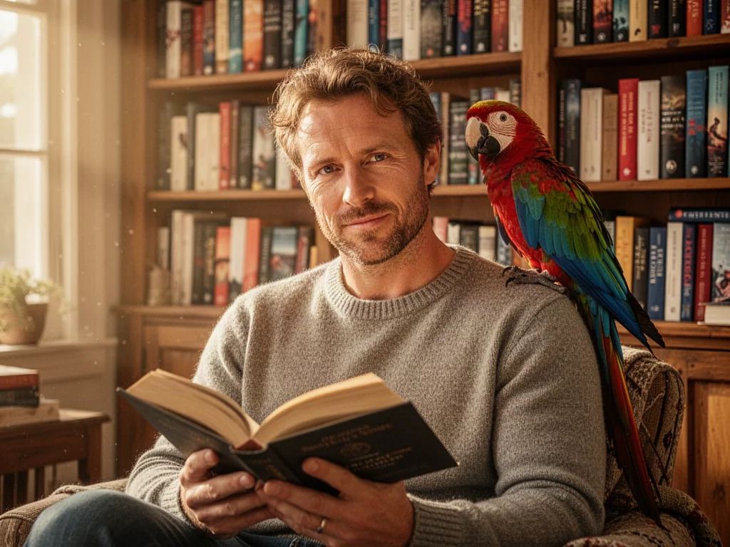 Jacek Ostrowski w domowej bibliotece z kolorową papugą na ramieniu, trzymający otwartą książkę.