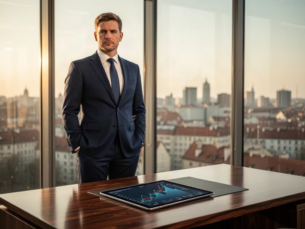 Biznesmen w garniturze w nowoczesnym biurze z widokiem na Warszawę, analizujący wykresy finansowe na tablecie.