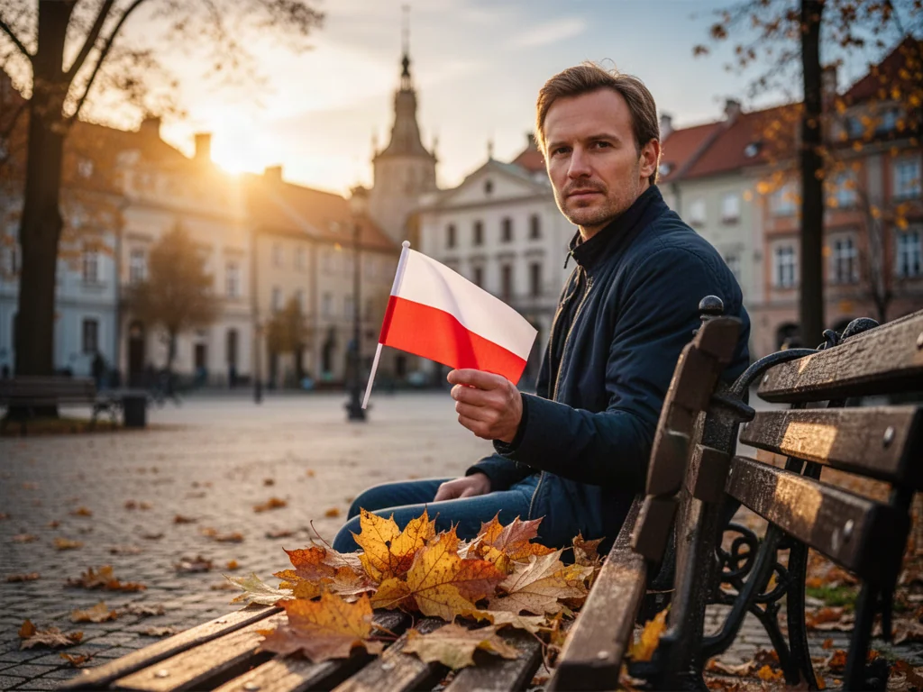 Mężczyzna z polską flagą na tle jesiennego rynku, symbolizujący obchody Święta Niepodległości 11 listopada.