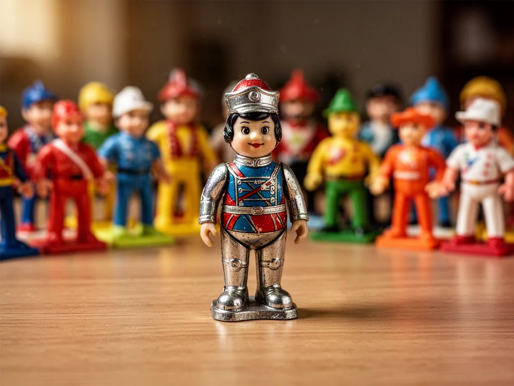 Rzadka, metalowa figurka z Kinder niespodzianki na drewnianym stole, otoczona rozmytą kolekcją innych zabawek.